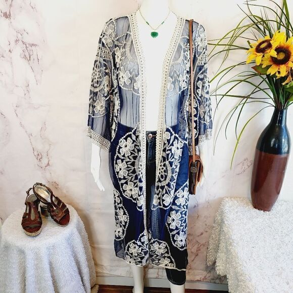 Super cute long embroidered kimono cover up - Picture 1 of 6